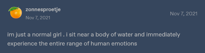 text post that says 'im just a normal girl . i sit near a body of water and immediately experience the entire range of human emotions'